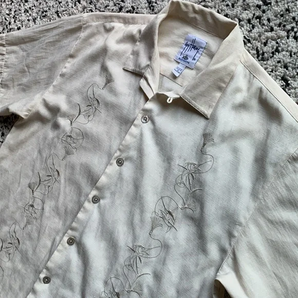 AFTCO Bluewater x Guy Harvey Marlin Embroidered Button Down Shirt Cream Size XL - Picture 8 of 13